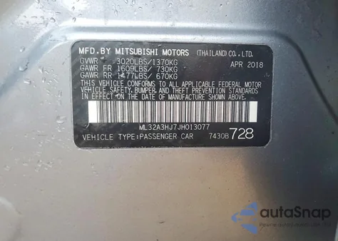 2018 Mitsubishi Mirage Es z USA, uszkodzony, nr VIN ML32A3HJ7JH013077